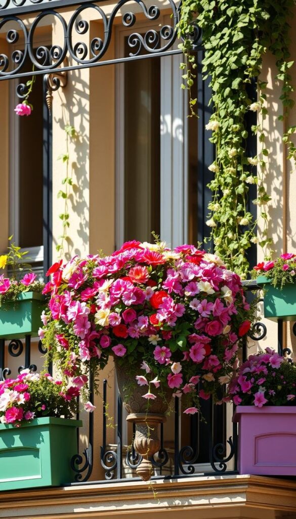 A finely curated balcony oasis, bathed in warm afternoon sunlight. Vibrant flower-filled containers line the ornate wrought-iron railing, cascading with lush blooms in a harmonious color palette. A central planter, overflowing with a kaleidoscope of petals, anchors the scene. Verdant trailing vines and delicate blossoms soften the geometric balustrades, creating an inviting, nature-infused tableau. Planter boxes in complementary hues flank the arrangement, echoing the floral symphony. The interplay of light and shadow lends depth and dimension, highlighting the textures and contours of the blooming display. A tranquil, visually balanced floral haven, brimming with color and life. A finely curated balcony oasis, bathed in warm afternoon sunlight. Vibrant flower-filled containers line the ornate wrought-iron railing, cascading with lush blooms in a harmonious color palette. A central planter, overflowing with a kaleidoscope of petals, anchors the scene. Verdant trailing vines and delicate blossoms soften the geometric balustrades, creating an inviting, nature-infused tableau. Planter boxes in complementary hues flank the arrangement, echoing the floral symphony. The interplay of light and shadow lends depth and dimension, highlighting the textures and contours of the blooming display. A tranquil, visually balanced floral haven, brimming with color and life.