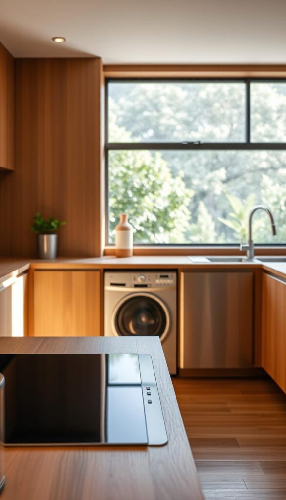 A harmonious kitchen sanctuary with earth-inspired appliances nestled in a natural, minimalist setting. In the foreground, a sleek induction cooktop with a contemporary, brushed metal finish seamlessly blends with the warm, wooden cabinetry. In the middle ground, a compact, energy-efficient dishwasher with a muted, neutral color palette complements the earthy tones. In the background, a large, panoramic window floods the space with soft, natural light, framing a tranquil, plant-filled view. The overall atmosphere evokes a sense of balance, sustainability, and a deep connection to the natural world. A harmonious kitchen sanctuary with earth-inspired appliances nestled in a natural, minimalist setting. In the foreground, a sleek induction cooktop with a contemporary, brushed metal finish seamlessly blends with the warm, wooden cabinetry. In the middle ground, a compact, energy-efficient dishwasher with a muted, neutral color palette complements the earthy tones. In the background, a large, panoramic window floods the space with soft, natural light, framing a tranquil, plant-filled view. The overall atmosphere evokes a sense of balance, sustainability, and a deep connection to the natural world.