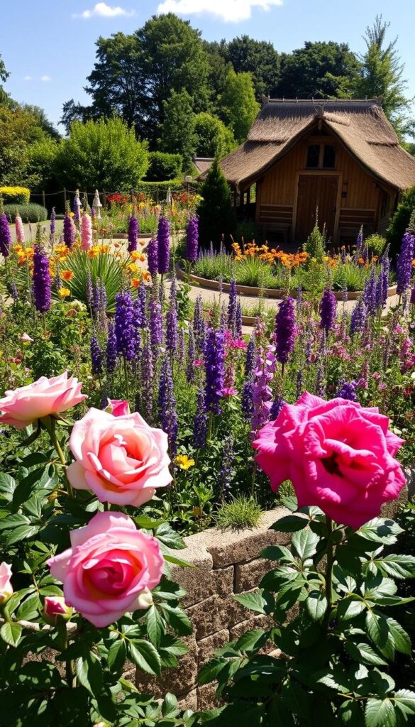 A lush English flower garden on a sun-dappled morning, the flowers in full bloom. In the foreground, a close-up view of neatly pruned rose bushes, their vibrant petals glistening with dew. In the middle ground, a profusion of colorful blooms - foxgloves, lavender, and delphinium - framed by a low stone wall. In the background, a wooden garden shed with a thatched roof, surrounded by a riot of carefully tended perennials. The scene exudes a sense of tranquility and careful cultivation, inviting the viewer to consider the dedication and skill required to maintain such an enchanting display. A lush English flower garden on a sun-dappled morning, the flowers in full bloom. In the foreground, a close-up view of neatly pruned rose bushes, their vibrant petals glistening with dew. In the middle ground, a profusion of colorful blooms - foxgloves, lavender, and delphinium - framed by a low stone wall. In the background, a wooden garden shed with a thatched roof, surrounded by a riot of carefully tended perennials. The scene exudes a sense of tranquility and careful cultivation, inviting the viewer to consider the dedication and skill required to maintain such an enchanting display.