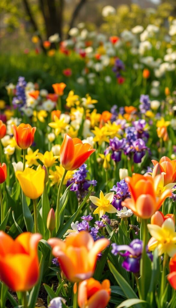 A lush garden bed bursting with vibrant spring flowers. In the foreground, delicate tulips in shades of red, yellow, and purple sway gently in the warm breeze. The middle ground showcases a mix of daffodils, hyacinths, and irises, their petals unfurling towards the sun. In the background, a backdrop of verdant foliage and soft, out-of-focus blossoms creates a sense of depth and tranquility. The lighting is natural and diffused, casting a golden glow over the scene. The camera angle is slightly elevated, allowing the viewer to appreciate the full beauty of the blooming garden. A lush garden bed bursting with vibrant spring flowers. In the foreground, delicate tulips in shades of red, yellow, and purple sway gently in the warm breeze. The middle ground showcases a mix of daffodils, hyacinths, and irises, their petals unfurling towards the sun. In the background, a backdrop of verdant foliage and soft, out-of-focus blossoms creates a sense of depth and tranquility. The lighting is natural and diffused, casting a golden glow over the scene. The camera angle is slightly elevated, allowing the viewer to appreciate the full beauty of the blooming garden.