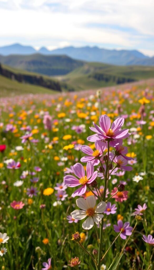 A lush meadow in a national park, carpeted with vibrant spring wildflowers in full bloom. Delicate petals in shades of pink, purple, yellow, and white sway gently in the warm breeze. In the foreground, a cluster of wildflowers stand tall, their petals catching the soft, diffused sunlight filtering through wispy clouds. The middle ground reveals a rolling landscape dotted with more blooms, leading the eye towards distant mountain peaks silhouetted against a clear, azure sky. The overall scene exudes a sense of tranquility and natural beauty, inviting the viewer to immerse themselves in the serene springtime wonder of a national park. A lush meadow in a national park, carpeted with vibrant spring wildflowers in full bloom. Delicate petals in shades of pink, purple, yellow, and white sway gently in the warm breeze. In the foreground, a cluster of wildflowers stand tall, their petals catching the soft, diffused sunlight filtering through wispy clouds. The middle ground reveals a rolling landscape dotted with more blooms, leading the eye towards distant mountain peaks silhouetted against a clear, azure sky. The overall scene exudes a sense of tranquility and natural beauty, inviting the viewer to immerse themselves in the serene springtime wonder of a national park.