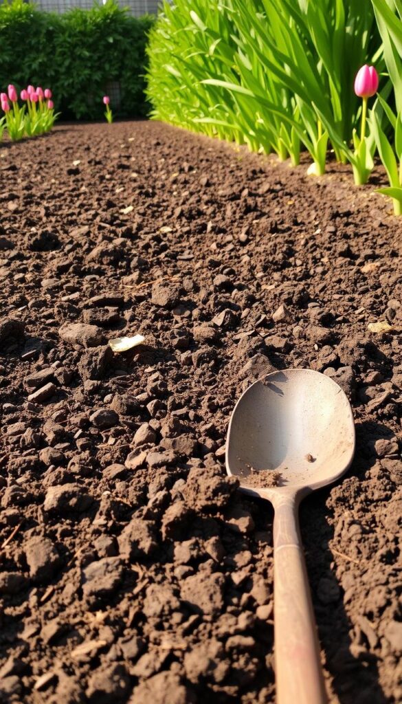 A lush, meticulously tended flower garden, the soil freshly turned and aerated, ready to nourish the vibrant tulips that will soon bloom. In the foreground, a spade rests in the rich, dark earth, evidence of the careful preparation. Mid-ground, hues of brown and black mingle, the soil's texture evident under the warm, golden light. Surrounding the garden, a verdant backdrop of verdant foliage frames the scene, creating a sense of harmony and tranquility. The overall atmosphere is one of anticipation, the garden poised to burst forth with color and life. A lush, meticulously tended flower garden, the soil freshly turned and aerated, ready to nourish the vibrant tulips that will soon bloom. In the foreground, a spade rests in the rich, dark earth, evidence of the careful preparation. Mid-ground, hues of brown and black mingle, the soil's texture evident under the warm, golden light. Surrounding the garden, a verdant backdrop of verdant foliage frames the scene, creating a sense of harmony and tranquility. The overall atmosphere is one of anticipation, the garden poised to burst forth with color and life.