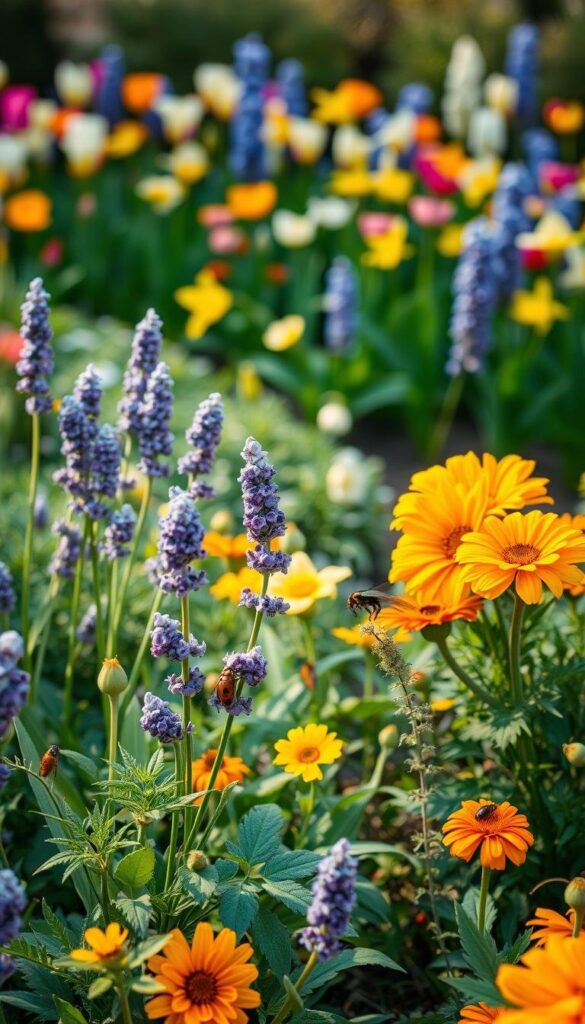 A lush, outdoor garden scene showcasing sustainable pest control methods. In the foreground, a variety of natural repellents like citronella plants, lavender, and marigolds are artfully arranged. The middle ground features predatory insects like ladybugs and lacewings, natural enemies of common garden pests. The background reveals a bountiful flower border, with vibrant blooms of spring flowers like tulips, daffodils, and hyacinths. Warm, diffused natural lighting illuminates the scene, creating a serene, inviting atmosphere. Captured with a shallow depth of field, emphasizing the organic, textural qualities of the plants. The overall composition highlights the harmony between effective pest management and a thriving, colorful garden. A lush, outdoor garden scene showcasing sustainable pest control methods. In the foreground, a variety of natural repellents like citronella plants, lavender, and marigolds are artfully arranged. The middle ground features predatory insects like ladybugs and lacewings, natural enemies of common garden pests. The background reveals a bountiful flower border, with vibrant blooms of spring flowers like tulips, daffodils, and hyacinths. Warm, diffused natural lighting illuminates the scene, creating a serene, inviting atmosphere. Captured with a shallow depth of field, emphasizing the organic, textural qualities of the plants. The overall composition highlights the harmony between effective pest management and a thriving, colorful garden.