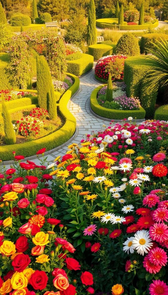 A lush, sprawling floral garden in the late afternoon sunlight. The foreground features a diverse array of vibrant blooms - roses, lilies, and chrysanthemums in vivid hues of red, yellow, and white. The middle ground showcases a variety of hedges, shrubs, and small trees, creating a layered, textured backdrop. In the distance, a winding stone path leads through the garden, flanked by cascading vines and trellises adorned with climbing flowers. The whole scene is bathed in a warm, golden glow, evoking a sense of tranquility and natural beauty. The image should be captured with a wide-angle lens to showcase the breadth and scale of this enchanting floral haven. A lush, sprawling floral garden in the late afternoon sunlight. The foreground features a diverse array of vibrant blooms - roses, lilies, and chrysanthemums in vivid hues of red, yellow, and white. The middle ground showcases a variety of hedges, shrubs, and small trees, creating a layered, textured backdrop. In the distance, a winding stone path leads through the garden, flanked by cascading vines and trellises adorned with climbing flowers. The whole scene is bathed in a warm, golden glow, evoking a sense of tranquility and natural beauty. The image should be captured with a wide-angle lens to showcase the breadth and scale of this enchanting floral haven.