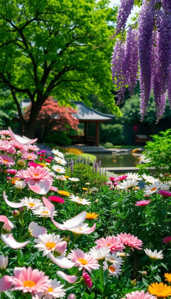A lush, sun-dappled garden teeming with the vibrant blooms of carefully tended Japanese flowers. In the foreground, delicate sakura petals drift on a gentle breeze, framing a vibrant display of iridescent chrysanthemums and graceful, arching stalks of purple wisteria. The middle ground showcases the verdant foliage of Japanese maples, their leaves shimmering in the soft, diffused light. In the background, a traditional Japanese garden pavilion sits amidst a serene koi pond, mirroring the tranquil atmosphere. The entire scene is captured with a warm, natural color palette and a shallow depth of field, drawing the viewer's eye to the captivating floral arrangements. A lush, sun-dappled garden teeming with the vibrant blooms of carefully tended Japanese flowers. In the foreground, delicate sakura petals drift on a gentle breeze, framing a vibrant display of iridescent chrysanthemums and graceful, arching stalks of purple wisteria. The middle ground showcases the verdant foliage of Japanese maples, their leaves shimmering in the soft, diffused light. In the background, a traditional Japanese garden pavilion sits amidst a serene koi pond, mirroring the tranquil atmosphere. The entire scene is captured with a warm, natural color palette and a shallow depth of field, drawing the viewer's eye to the captivating floral arrangements.