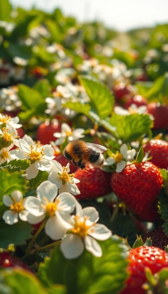 A lush, sun-dappled strawberry field, with delicate white flowers in full bloom. Close-up view showcases the intricate process of pollination, where fuzzy bumblebees dart from blossom to blossom, their bodies dusted with pollen. Soft, natural lighting illuminates the scene, rendering the vibrant red berries and verdant foliage in stunning detail. The camera angle captures the dynamic interaction between the pollinators and the flowers, emphasizing the essential role of this symbiotic relationship in achieving a bountiful strawberry harvest. The overall composition evokes a sense of wonder and appreciation for the natural cycles that sustain a thriving strawberry garden. A lush, sun-dappled strawberry field, with delicate white flowers in full bloom. Close-up view showcases the intricate process of pollination, where fuzzy bumblebees dart from blossom to blossom, their bodies dusted with pollen. Soft, natural lighting illuminates the scene, rendering the vibrant red berries and verdant foliage in stunning detail. The camera angle captures the dynamic interaction between the pollinators and the flowers, emphasizing the essential role of this symbiotic relationship in achieving a bountiful strawberry harvest. The overall composition evokes a sense of wonder and appreciation for the natural cycles that sustain a thriving strawberry garden.