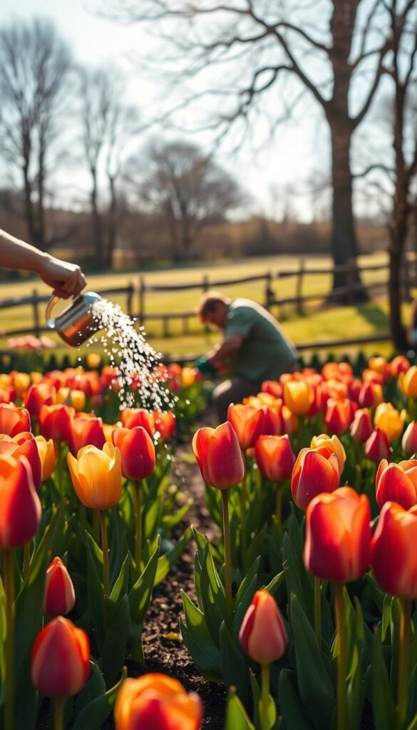 A lush, sun-dappled tulip garden in full bloom. In the foreground, a gardener's hands gently water a row of vibrant tulips, the droplets glistening on the delicate petals. In the middle ground, another gardener kneels, carefully applying a layer of rich, organic fertilizer around the base of the tulips. The background showcases a verdant scene with towering trees, a wooden fence, and a cloudless blue sky. The lighting is soft and natural, creating a warm, inviting atmosphere that captures the essence of caring for these beloved springtime flowers. A lush, sun-dappled tulip garden in full bloom. In the foreground, a gardener's hands gently water a row of vibrant tulips, the droplets glistening on the delicate petals. In the middle ground, another gardener kneels, carefully applying a layer of rich, organic fertilizer around the base of the tulips. The background showcases a verdant scene with towering trees, a wooden fence, and a cloudless blue sky. The lighting is soft and natural, creating a warm, inviting atmosphere that captures the essence of caring for these beloved springtime flowers.