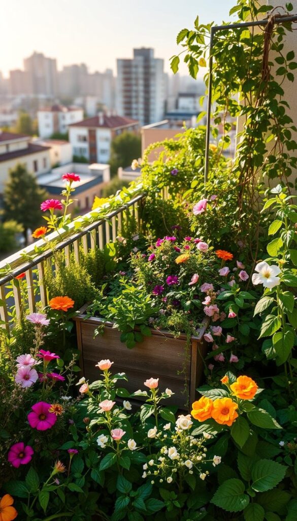 A lush, sun-drenched balcony garden, teeming with vibrant blooms and verdant foliage. In the foreground, a mix of companion plants - fragrant herbs, colorful flowers, and leafy greens - thriving in harmony. Mid-ground features a rustic wooden planter box overflowing with cascading vines and trailing blossoms. The background showcases the urban cityscape beyond, providing a picturesque contrast. Warm, golden lighting filters through the scene, casting a soft, inviting glow. The composition is balanced, with a sense of depth and natural abundance, capturing the essence of a thriving, urban oasis. A lush, sun-drenched balcony garden, teeming with vibrant blooms and verdant foliage. In the foreground, a mix of companion plants - fragrant herbs, colorful flowers, and leafy greens - thriving in harmony. Mid-ground features a rustic wooden planter box overflowing with cascading vines and trailing blossoms. The background showcases the urban cityscape beyond, providing a picturesque contrast. Warm, golden lighting filters through the scene, casting a soft, inviting glow. The composition is balanced, with a sense of depth and natural abundance, capturing the essence of a thriving, urban oasis.
