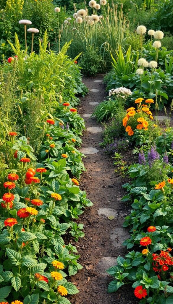 A lush, thriving organic vegetable garden laid out in a visually appealing and functional design. The foreground features a variety of vegetables such as tomatoes, peppers, and leafy greens, interspersed with companion plants like marigolds and nasturtiums to deter pests. The middle ground showcases a well-tended path winding through the garden, bordered by fragrant herbs like rosemary and lavender. In the background, a diverse array of beneficial plants like yarrow, dill, and fennel provide a natural ecosystem for pollinators and predatory insects. Warm, natural lighting casts a soft, inviting glow over the scene, captured from a slightly elevated angle to showcase the thoughtful layout and vibrant, healthy plants. A lush, thriving organic vegetable garden laid out in a visually appealing and functional design. The foreground features a variety of vegetables such as tomatoes, peppers, and leafy greens, interspersed with companion plants like marigolds and nasturtiums to deter pests. The middle ground showcases a well-tended path winding through the garden, bordered by fragrant herbs like rosemary and lavender. In the background, a diverse array of beneficial plants like yarrow, dill, and fennel provide a natural ecosystem for pollinators and predatory insects. Warm, natural lighting casts a soft, inviting glow over the scene, captured from a slightly elevated angle to showcase the thoughtful layout and vibrant, healthy plants.