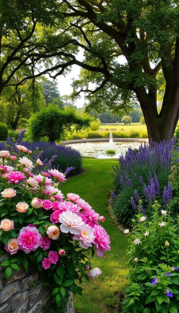 A lush, verdant English flower garden, brimming with natural elements. In the foreground, a profusion of vibrant blooms - roses, peonies, and lilies - cascading over a rustic stone wall. In the middle ground, a winding path leads through a bower of trailing vines and fragrant lavender. Towering oak trees frame the scene, their canopy dappling the garden with soft, golden light. In the distance, a tranquil pond reflects the sky, its surface dotted with lily pads. The air is heavy with the scent of earth and flowers, evoking a sense of timeless beauty and tranquility. A lush, verdant English flower garden, brimming with natural elements. In the foreground, a profusion of vibrant blooms - roses, peonies, and lilies - cascading over a rustic stone wall. In the middle ground, a winding path leads through a bower of trailing vines and fragrant lavender. Towering oak trees frame the scene, their canopy dappling the garden with soft, golden light. In the distance, a tranquil pond reflects the sky, its surface dotted with lily pads. The air is heavy with the scent of earth and flowers, evoking a sense of timeless beauty and tranquility.