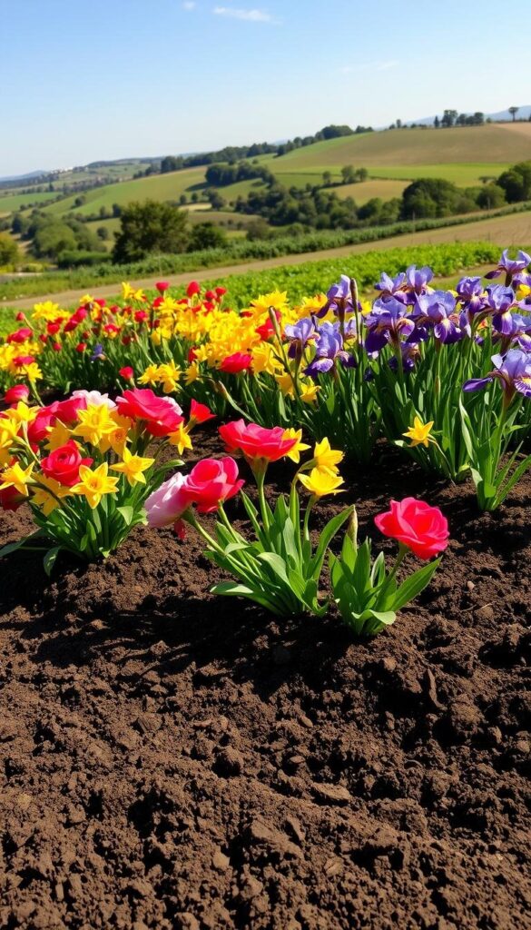 A lush, verdant garden bed with freshly tilled soil, ready to nurture a bounty of summer blooms. In the foreground, rich, dark earth is meticulously raked, creating a smooth, inviting canvas. Surrounding it, a profusion of delicate petals in vibrant hues - crimson roses, sunshine-yellow daffodils, and lavender-tinged irises - sway gently in a warm, golden light. In the background, a picturesque countryside with rolling hills and a clear, blue sky creates a serene, tranquil atmosphere, perfect for cultivating a bountiful summer flower garden. A lush, verdant garden bed with freshly tilled soil, ready to nurture a bounty of summer blooms. In the foreground, rich, dark earth is meticulously raked, creating a smooth, inviting canvas. Surrounding it, a profusion of delicate petals in vibrant hues - crimson roses, sunshine-yellow daffodils, and lavender-tinged irises - sway gently in a warm, golden light. In the background, a picturesque countryside with rolling hills and a clear, blue sky creates a serene, tranquil atmosphere, perfect for cultivating a bountiful summer flower garden.