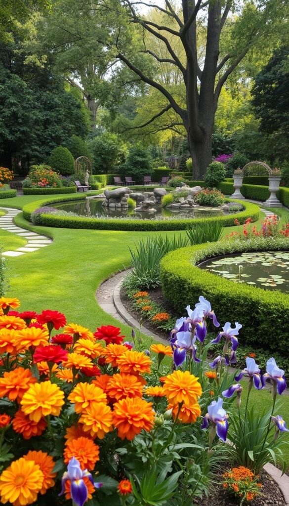 A lush, verdant garden landscape with meandering paths, cascading flower beds, and tranquil water features. In the foreground, an array of vibrant blooms in warm hues - crimson roses, golden marigolds, and lavender-tinted irises. Further back, a serene koi pond reflects the dappled sunlight filtering through the canopy of mature trees. Bordering the scene, neatly trimmed hedges and ornamental shrubs frame the idyllic setting. Carefully placed garden statues and whimsical wrought-iron trellises add charming, decorative accents. The overall atmosphere is one of peaceful harmony, inspiring ideas for a captivating floral garden oasis. A lush, verdant garden landscape with meandering paths, cascading flower beds, and tranquil water features. In the foreground, an array of vibrant blooms in warm hues - crimson roses, golden marigolds, and lavender-tinted irises. Further back, a serene koi pond reflects the dappled sunlight filtering through the canopy of mature trees. Bordering the scene, neatly trimmed hedges and ornamental shrubs frame the idyllic setting. Carefully placed garden statues and whimsical wrought-iron trellises add charming, decorative accents. The overall atmosphere is one of peaceful harmony, inspiring ideas for a captivating floral garden oasis.
