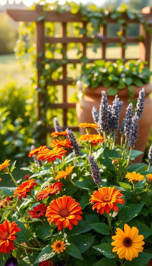 A lush, verdant garden scene bathed in warm, golden sunlight. In the foreground, a cluster of thriving summer plants - vibrant zinnias, cheerful marigolds, and fragrant lavender - showcase their vibrant blooms. Droplets of water glisten on the leaves, evidence of a recent watering. In the middle ground, a terracotta pot overflows with cascading vines and trailing foliage, creating a sense of abundance. The background features a wooden garden trellis, softly blurred, hinting at the larger landscape beyond. The overall composition conveys a sense of tranquility and the nurturing care required to maintain a healthy, flourishing summer garden. A lush, verdant garden scene bathed in warm, golden sunlight. In the foreground, a cluster of thriving summer plants - vibrant zinnias, cheerful marigolds, and fragrant lavender - showcase their vibrant blooms. Droplets of water glisten on the leaves, evidence of a recent watering. In the middle ground, a terracotta pot overflows with cascading vines and trailing foliage, creating a sense of abundance. The background features a wooden garden trellis, softly blurred, hinting at the larger landscape beyond. The overall composition conveys a sense of tranquility and the nurturing care required to maintain a healthy, flourishing summer garden.