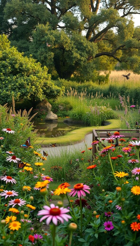 A lush, vibrant backyard garden teeming with diverse wildlife habitats. In the foreground, a thriving butterfly garden with colorful blooms and fluttering butterflies. In the middle ground, a serene pond surrounded by dense shrubbery and towering oak trees, providing shelter for birds and small mammals. The background features a wildflower meadow, its tall grasses swaying gently in the breeze, offering a sanctuary for bees and insects. Warm, soft lighting filters through the foliage, creating a magical, enchanting atmosphere. This idyllic scene invites visitors to immerse themselves in the natural wonder and appreciate the beauty of an English flower garden that supports a thriving ecosystem. A lush, vibrant backyard garden teeming with diverse wildlife habitats. In the foreground, a thriving butterfly garden with colorful blooms and fluttering butterflies. In the middle ground, a serene pond surrounded by dense shrubbery and towering oak trees, providing shelter for birds and small mammals. The background features a wildflower meadow, its tall grasses swaying gently in the breeze, offering a sanctuary for bees and insects. Warm, soft lighting filters through the foliage, creating a magical, enchanting atmosphere. This idyllic scene invites visitors to immerse themselves in the natural wonder and appreciate the beauty of an English flower garden that supports a thriving ecosystem.