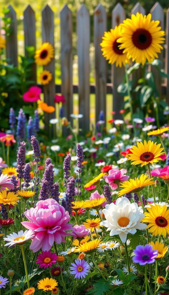 A lush, vibrant cottage garden filled with an enchanting array of flowers. In the foreground, a vibrant mix of colorful blooms - delicate peonies, cheerful sunflowers, and fragrant lavender. The middle ground showcases a verdant bed of wildflowers, including dainty daisies and whimsical poppies. In the background, a quaint wooden fence frames the scene, setting the stage for a charming and inviting atmosphere. Soft, natural lighting illuminates the garden, casting a warm, golden glow and creating a sense of tranquility. The overall composition evokes a sense of rustic elegance and invites the viewer to immerse themselves in the beauty of a quintessential cottage garden. A lush, vibrant cottage garden filled with an enchanting array of flowers. In the foreground, a vibrant mix of colorful blooms - delicate peonies, cheerful sunflowers, and fragrant lavender. The middle ground showcases a verdant bed of wildflowers, including dainty daisies and whimsical poppies. In the background, a quaint wooden fence frames the scene, setting the stage for a charming and inviting atmosphere. Soft, natural lighting illuminates the garden, casting a warm, golden glow and creating a sense of tranquility. The overall composition evokes a sense of rustic elegance and invites the viewer to immerse themselves in the beauty of a quintessential cottage garden.