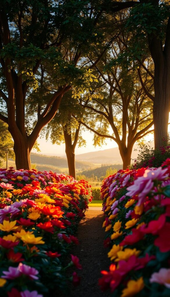 A lush, vibrant floral garden in golden hour light. Rows of colorful blooms in the foreground, their petals softly illuminated. A blend of vibrant hues - deep reds, rich purples, sunny yellows, delicate pinks. Towering trees in the middle ground provide a natural canopy, casting dappled shadows. The distant background features a picturesque landscape, rolling hills adorned with more flowers. A sense of peaceful tranquility pervades the scene, with a warm, romantic atmosphere. Captured with a wide-angle lens to showcase the garden's expansive beauty, the image invites the viewer to step into this enchanting floral oasis. A lush, vibrant floral garden in golden hour light. Rows of colorful blooms in the foreground, their petals softly illuminated. A blend of vibrant hues - deep reds, rich purples, sunny yellows, delicate pinks. Towering trees in the middle ground provide a natural canopy, casting dappled shadows. The distant background features a picturesque landscape, rolling hills adorned with more flowers. A sense of peaceful tranquility pervades the scene, with a warm, romantic atmosphere. Captured with a wide-angle lens to showcase the garden's expansive beauty, the image invites the viewer to step into this enchanting floral oasis.