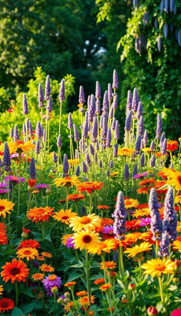 A lush, vibrant garden bursting with an array of summer blooms. The foreground features a profusion of colorful flowers such as sunflowers, zinnias, and marigolds, their petals basking in the warm, golden sunlight. In the middle ground, tall stalks of lavender sway gently in a soft breeze, their fragrant purple hues complementing the vibrant palette. Framing the scene, a verdant backdrop of lush foliage, including towering trees and cascading vines, creates a sense of depth and tranquility. The composition is balanced, with a harmonious interplay of colors, textures, and natural elements that evoke the quintessential beauty of a summer garden. A lush, vibrant garden bursting with an array of summer blooms. The foreground features a profusion of colorful flowers such as sunflowers, zinnias, and marigolds, their petals basking in the warm, golden sunlight. In the middle ground, tall stalks of lavender sway gently in a soft breeze, their fragrant purple hues complementing the vibrant palette. Framing the scene, a verdant backdrop of lush foliage, including towering trees and cascading vines, creates a sense of depth and tranquility. The composition is balanced, with a harmonious interplay of colors, textures, and natural elements that evoke the quintessential beauty of a summer garden.
