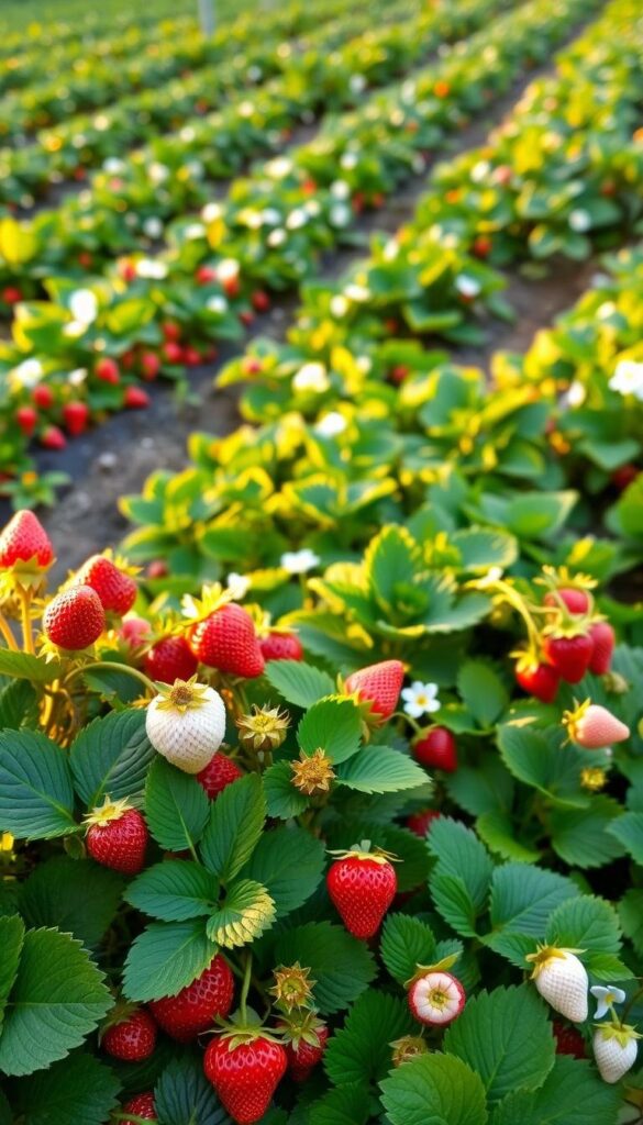 A lush, vibrant garden filled with an assortment of fresh, juicy strawberry varieties. The foreground showcases a selection of different strawberry plants, each with their unique shapes, sizes, and colors - from the classic deep red, to the vibrant pink and even the rare white. The middle ground features a well-maintained, neatly tended strawberry patch, with the plants arranged in tidy rows, their green foliage and delicate white blossoms creating a harmonious visual tapestry. In the background, a warm, golden afternoon sun bathes the scene in a soft, inviting glow, casting gentle shadows and highlighting the organic textures of the garden. The overall atmosphere is one of abundance, care, and the promise of a bountiful strawberry harvest. A lush, vibrant garden filled with an assortment of fresh, juicy strawberry varieties. The foreground showcases a selection of different strawberry plants, each with their unique shapes, sizes, and colors - from the classic deep red, to the vibrant pink and even the rare white. The middle ground features a well-maintained, neatly tended strawberry patch, with the plants arranged in tidy rows, their green foliage and delicate white blossoms creating a harmonious visual tapestry. In the background, a warm, golden afternoon sun bathes the scene in a soft, inviting glow, casting gentle shadows and highlighting the organic textures of the garden. The overall atmosphere is one of abundance, care, and the promise of a bountiful strawberry harvest.