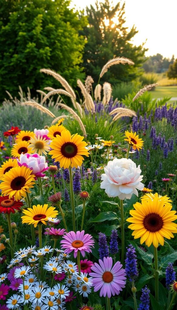 A lush, vibrant garden full of thriving summer perennials. In the foreground, a mix of colorful blooms including bold sunflowers, delicate peonies, and cheerful daisies. The middle ground showcases tall, swaying ornamental grasses and fragrant lavender bushes. In the background, a backdrop of verdant trees and a warm, golden-hued sky, creating a serene and inviting atmosphere. The scene is bathed in soft, natural lighting, as if captured on a sun-dappled summer afternoon. The overall composition conveys a sense of abundance, vitality, and the beauty of long-lasting perennial plants. A lush, vibrant garden full of thriving summer perennials. In the foreground, a mix of colorful blooms including bold sunflowers, delicate peonies, and cheerful daisies. The middle ground showcases tall, swaying ornamental grasses and fragrant lavender bushes. In the background, a backdrop of verdant trees and a warm, golden-hued sky, creating a serene and inviting atmosphere. The scene is bathed in soft, natural lighting, as if captured on a sun-dappled summer afternoon. The overall composition conveys a sense of abundance, vitality, and the beauty of long-lasting perennial plants.