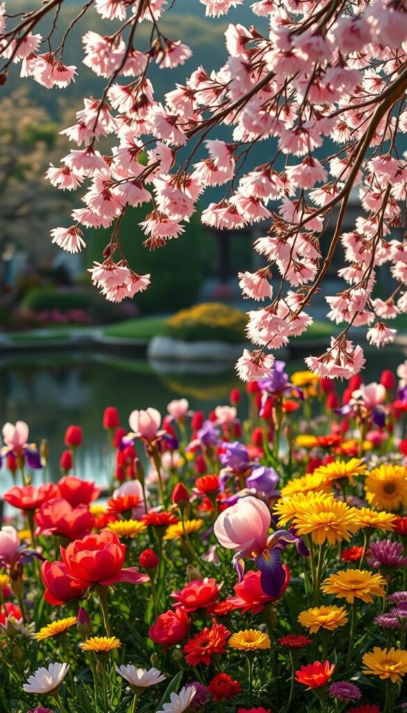 A lush, vibrant landscape of seasonal flowers in Japan, capturing the essence of the country's floral wonders. In the foreground, a stunning array of delicate pink cherry blossoms sway gently in a soft breeze, their petals drifting gracefully to the ground. In the middle ground, a burst of color from a variety of traditional Japanese flowers, including vibrant red peonies, delicate purple irises, and radiant yellow chrysanthemums. The background is dominated by a serene Japanese garden, with a tranquil pond reflecting the beauty of the surrounding flora. The lighting is soft and warm, casting a golden glow over the scene, creating a peaceful and inviting atmosphere. The overall composition is balanced and harmonious, showcasing the natural beauty and elegance of Japanese seasonal flowers. A lush, vibrant landscape of seasonal flowers in Japan, capturing the essence of the country's floral wonders. In the foreground, a stunning array of delicate pink cherry blossoms sway gently in a soft breeze, their petals drifting gracefully to the ground. In the middle ground, a burst of color from a variety of traditional Japanese flowers, including vibrant red peonies, delicate purple irises, and radiant yellow chrysanthemums. The background is dominated by a serene Japanese garden, with a tranquil pond reflecting the beauty of the surrounding flora. The lighting is soft and warm, casting a golden glow over the scene, creating a peaceful and inviting atmosphere. The overall composition is balanced and harmonious, showcasing the natural beauty and elegance of Japanese seasonal flowers.