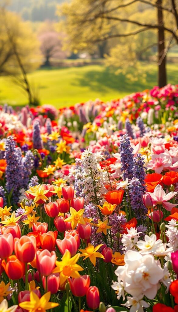 A lush, vibrant spring garden bursting with a diverse array of colorful blooms. In the foreground, a stunning collection of various flower varieties including delicate tulips, cheerful daffodils, fragrant lilacs, and soft peonies. The middle ground showcases a kaleidoscope of hues, with vibrant azaleas, delicate cherry blossoms, and playful poppies. The background features a verdant, softly blurred landscape, creating a serene, sun-dappled atmosphere. Warm, golden natural lighting bathes the scene, casting a gentle glow and highlighting the intricate textures and shapes of the flowers. Captured with a wide-angle lens to provide a sweeping, immersive view of this enchanting spring floral haven. A lush, vibrant spring garden bursting with a diverse array of colorful blooms. In the foreground, a stunning collection of various flower varieties including delicate tulips, cheerful daffodils, fragrant lilacs, and soft peonies. The middle ground showcases a kaleidoscope of hues, with vibrant azaleas, delicate cherry blossoms, and playful poppies. The background features a verdant, softly blurred landscape, creating a serene, sun-dappled atmosphere. Warm, golden natural lighting bathes the scene, casting a gentle glow and highlighting the intricate textures and shapes of the flowers. Captured with a wide-angle lens to provide a sweeping, immersive view of this enchanting spring floral haven.