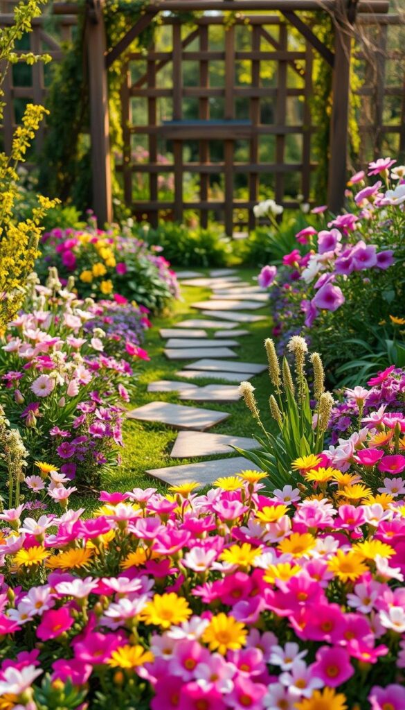 A lush, vibrant spring garden with a colorful flower bed in the foreground. The bed is filled with a harmonious array of blooming flowers in various hues of pink, purple, yellow, and white. The flowers are arranged in a visually appealing, organic layout, creating a sense of natural beauty. The middle ground features a stone pathway winding through the garden, surrounded by verdant foliage. In the background, a wooden fence or trellis provides a natural backdrop, framing the scene. Soft, warm lighting casts a gentle glow over the entire composition, evoking a serene, inviting atmosphere. The overall image conveys a dream-like, tranquil vision of an idyllic spring garden design. A lush, vibrant spring garden with a colorful flower bed in the foreground. The bed is filled with a harmonious array of blooming flowers in various hues of pink, purple, yellow, and white. The flowers are arranged in a visually appealing, organic layout, creating a sense of natural beauty. The middle ground features a stone pathway winding through the garden, surrounded by verdant foliage. In the background, a wooden fence or trellis provides a natural backdrop, framing the scene. Soft, warm lighting casts a gentle glow over the entire composition, evoking a serene, inviting atmosphere. The overall image conveys a dream-like, tranquil vision of an idyllic spring garden design.