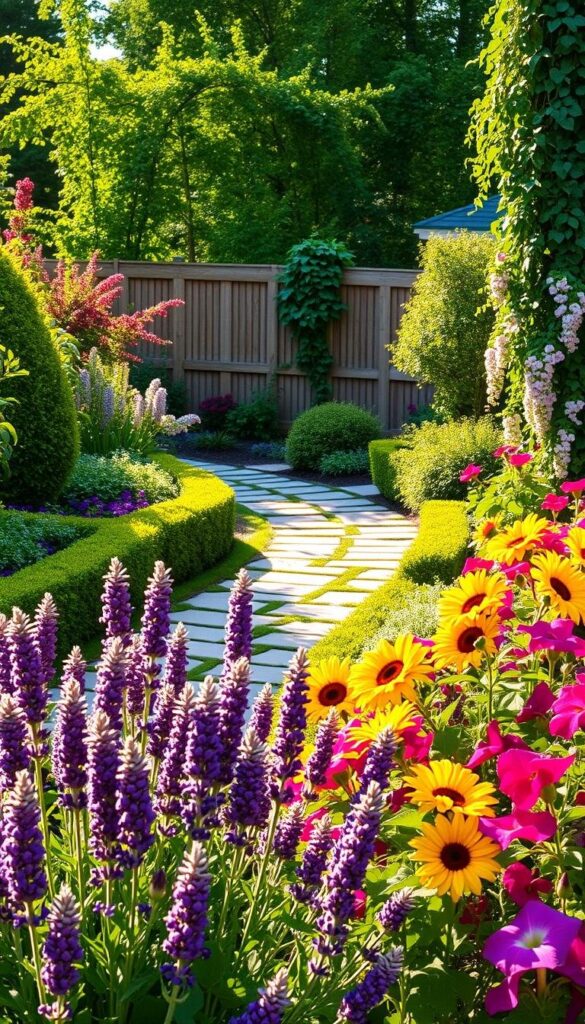 A lush, vibrant summer garden, bathed in warm, golden sunlight. In the foreground, a colorful array of blooming flowers - fragrant lavender, cheerful sunflowers, and cascading petunias. The middle ground features a winding stone path, bordered by neatly trimmed hedges and flourishing shrubs. In the background, a wooden fence, draped with climbing vines, frames the scene, creating a sense of peaceful seclusion. The overall composition evokes a tranquil, inviting atmosphere, perfect for a serene stroll or quiet contemplation. A lush, vibrant summer garden, bathed in warm, golden sunlight. In the foreground, a colorful array of blooming flowers - fragrant lavender, cheerful sunflowers, and cascading petunias. The middle ground features a winding stone path, bordered by neatly trimmed hedges and flourishing shrubs. In the background, a wooden fence, draped with climbing vines, frames the scene, creating a sense of peaceful seclusion. The overall composition evokes a tranquil, inviting atmosphere, perfect for a serene stroll or quiet contemplation.