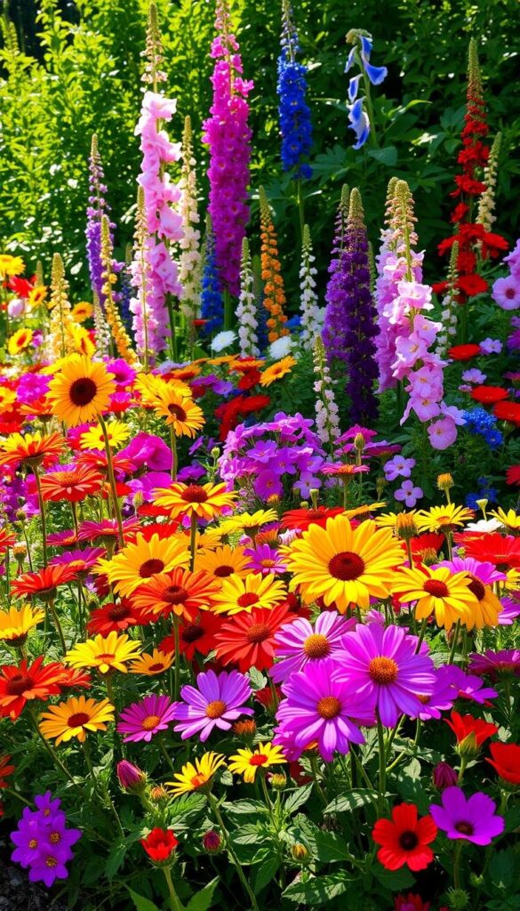 A lush, vibrant summer garden bed, overflowing with a colorful array of blooming flowers. In the foreground, a captivating mix of dazzling zinnias, playful sunflowers, and delicate cosmos dance in the warm sunlight. The middle ground features a riot of color, with towering delphiniums, fragrant peonies, and cascading petunias creating a symphony of hues. In the background, a backdrop of verdant foliage sets the stage, casting a soft, diffused light upon the scene. The composition is balanced and intentional, with a sense of effortless elegance. The overall mood is one of joyful abundance, inviting the viewer to bask in the beauty of a summer garden in its prime. A lush, vibrant summer garden bed, overflowing with a colorful array of blooming flowers. In the foreground, a captivating mix of dazzling zinnias, playful sunflowers, and delicate cosmos dance in the warm sunlight. The middle ground features a riot of color, with towering delphiniums, fragrant peonies, and cascading petunias creating a symphony of hues. In the background, a backdrop of verdant foliage sets the stage, casting a soft, diffused light upon the scene. The composition is balanced and intentional, with a sense of effortless elegance. The overall mood is one of joyful abundance, inviting the viewer to bask in the beauty of a summer garden in its prime.