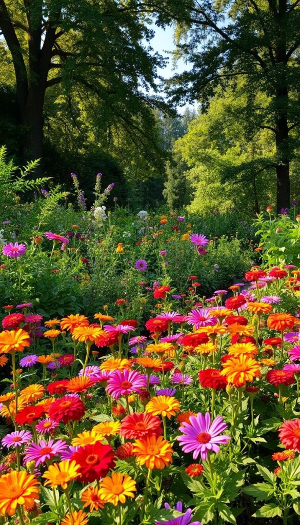 A lush, vibrant summer garden filled with a diverse array of thriving plants. In the foreground, an abundance of colorful flowers in full bloom - zinnias, marigolds, cosmos, and more - creating a captivating tapestry of hues. In the middle ground, verdant foliage from various flowering shrubs and perennials, their leaves gently swaying in a soft breeze. The background features a mix of tall, elegant trees casting dappled sunlight across the scene, their branches providing shelter and shade. The overall atmosphere is one of natural beauty, serenity, and an invitation to pollinators to explore this verdant oasis. Captured with a wide-angle lens to showcase the garden's depth and complexity, the image is bathed in the warm, golden tones of a summer afternoon. A lush, vibrant summer garden filled with a diverse array of thriving plants. In the foreground, an abundance of colorful flowers in full bloom - zinnias, marigolds, cosmos, and more - creating a captivating tapestry of hues. In the middle ground, verdant foliage from various flowering shrubs and perennials, their leaves gently swaying in a soft breeze. The background features a mix of tall, elegant trees casting dappled sunlight across the scene, their branches providing shelter and shade. The overall atmosphere is one of natural beauty, serenity, and an invitation to pollinators to explore this verdant oasis. Captured with a wide-angle lens to showcase the garden's depth and complexity, the image is bathed in the warm, golden tones of a summer afternoon.