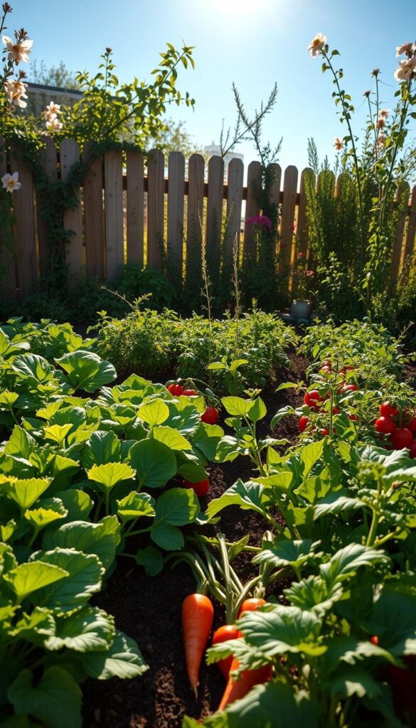 A lush, vibrant vegetable garden bathed in the warm glow of the spring sun. In the foreground, rows of thriving leafy greens, carrots, radishes, and tomato plants bursting with color. In the middle ground, a mix of fragrant herbs - basil, rosemary, and thyme - creating a tapestry of textures and aromas. The background features a picturesque wooden fence, with climbing vines and cheerful flower blossoms adding depth and dimension. The scene is captured with a wide-angle lens, highlighting the abundance and vitality of this bountiful spring garden, exuding a sense of serenity and joy. A lush, vibrant vegetable garden bathed in the warm glow of the spring sun. In the foreground, rows of thriving leafy greens, carrots, radishes, and tomato plants bursting with color. In the middle ground, a mix of fragrant herbs - basil, rosemary, and thyme - creating a tapestry of textures and aromas. The background features a picturesque wooden fence, with climbing vines and cheerful flower blossoms adding depth and dimension. The scene is captured with a wide-angle lens, highlighting the abundance and vitality of this bountiful spring garden, exuding a sense of serenity and joy.