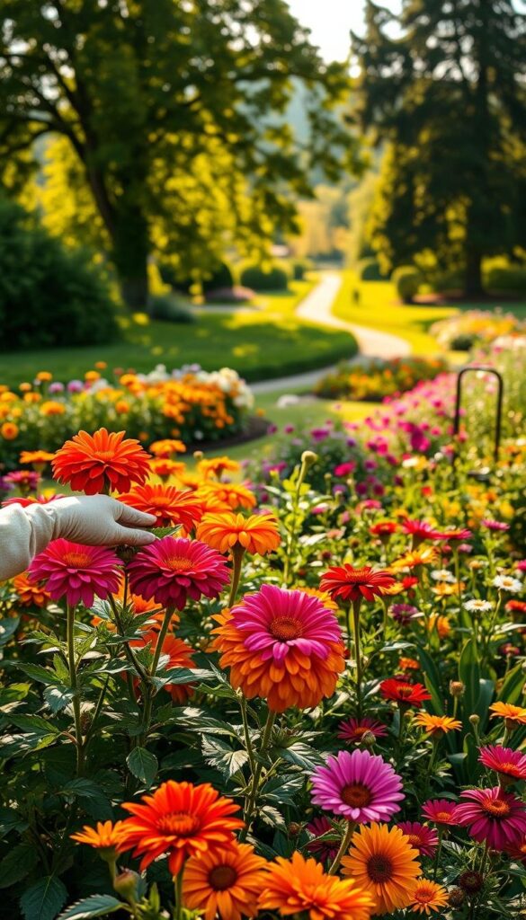 A lush, well-manicured summer flower garden in soft, golden afternoon light. In the foreground, a gardener's gloved hands tenderly pruning vibrant blooms - dahlias, marigolds, and zinnias. The middle ground showcases a variety of thriving plants, each with their unique textures and hues, from velvety petunias to delicate cosmos. The background features a picturesque garden path winding through a verdant landscape, framed by towering trees casting dappled shadows. The overall scene radiates a sense of tranquility and pride in maintaining a beautiful, flourishing summer garden. A lush, well-manicured summer flower garden in soft, golden afternoon light. In the foreground, a gardener's gloved hands tenderly pruning vibrant blooms - dahlias, marigolds, and zinnias. The middle ground showcases a variety of thriving plants, each with their unique textures and hues, from velvety petunias to delicate cosmos. The background features a picturesque garden path winding through a verdant landscape, framed by towering trees casting dappled shadows. The overall scene radiates a sense of tranquility and pride in maintaining a beautiful, flourishing summer garden.