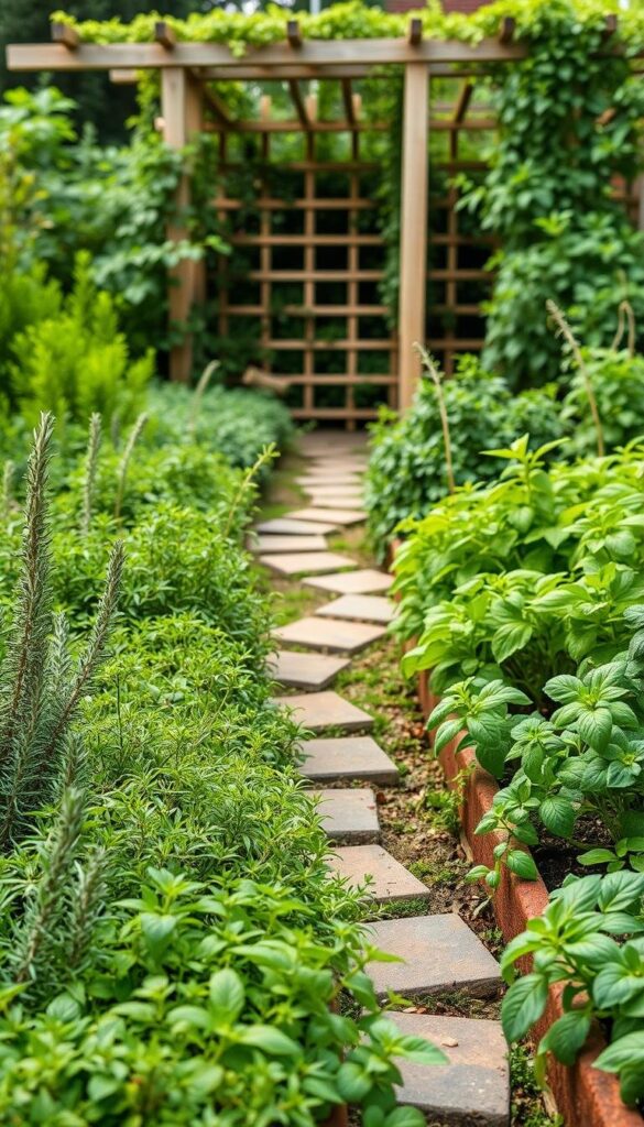 A lush, well-organized herb garden layout with vibrant greenery and strategically placed plants. The foreground showcases a variety of flourishing herbs like rosemary, thyme, and basil, arranged in neat rows or small raised beds. The middle ground features a meandering stone or brick path leading through the garden, inviting exploration. In the background, a wooden trellis or pergola provides a natural backdrop, accentuating the serene, garden-like atmosphere. Diffused, natural lighting bathes the scene, creating a warm, inviting ambiance. The composition emphasizes balance, symmetry, and the harmonious coexistence of different herb varieties, capturing the essence of an optimal herb garden design. A lush, well-organized herb garden layout with vibrant greenery and strategically placed plants. The foreground showcases a variety of flourishing herbs like rosemary, thyme, and basil, arranged in neat rows or small raised beds. The middle ground features a meandering stone or brick path leading through the garden, inviting exploration. In the background, a wooden trellis or pergola provides a natural backdrop, accentuating the serene, garden-like atmosphere. Diffused, natural lighting bathes the scene, creating a warm, inviting ambiance. The composition emphasizes balance, symmetry, and the harmonious coexistence of different herb varieties, capturing the essence of an optimal herb garden design.