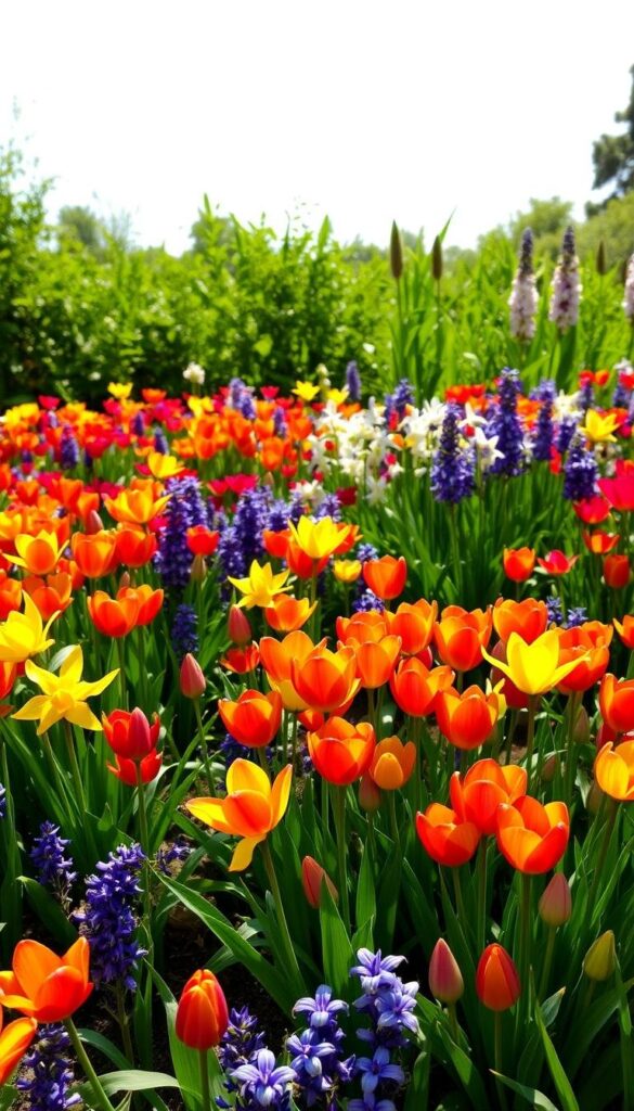 A lush, well-tended garden bed filled with an array of vibrant flower bulbs. The foreground features a mix of tulips, daffodils, and hyacinths in warm, saturated colors, their petals gently swaying in a soft breeze. The middle ground showcases clusters of alliums and irises, their tall, slender stems and delicate blooms creating a visually captivating display. In the background, a verdant backdrop of foliage and a clear, sun-dappled sky set the scene, conveying a sense of tranquility and natural beauty. The lighting is soft and natural, casting gentle shadows and highlights that accentuate the textures and shapes of the flowering bulbs. The overall composition is balanced and visually appealing, inviting the viewer to imagine planning their own stunning bulb flower garden. A lush, well-tended garden bed filled with an array of vibrant flower bulbs. The foreground features a mix of tulips, daffodils, and hyacinths in warm, saturated colors, their petals gently swaying in a soft breeze. The middle ground showcases clusters of alliums and irises, their tall, slender stems and delicate blooms creating a visually captivating display. In the background, a verdant backdrop of foliage and a clear, sun-dappled sky set the scene, conveying a sense of tranquility and natural beauty. The lighting is soft and natural, casting gentle shadows and highlights that accentuate the textures and shapes of the flowering bulbs. The overall composition is balanced and visually appealing, inviting the viewer to imagine planning their own stunning bulb flower garden.