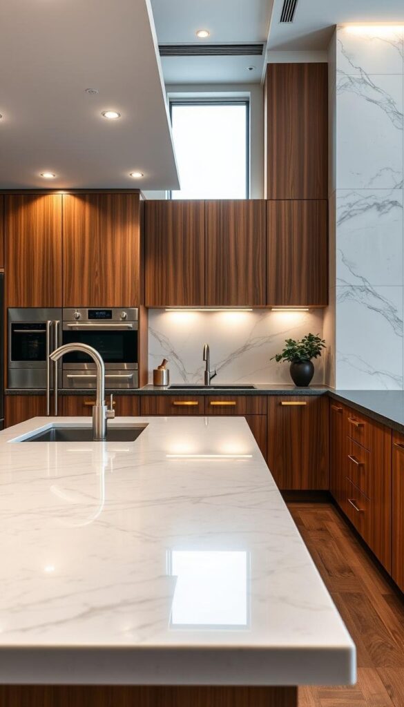 A luxurious kitchen design showcasing an array of high-end materials. In the foreground, a gleaming quartz countertop reflects the warm glow of recessed lighting, complemented by sleek stainless steel appliances. The middle ground features richly grained wood cabinetry with brushed brass hardware, creating a timeless elegance. In the background, a feature wall of smooth, honed marble tiles adds depth and texture, beautifully illuminated by a large window allowing natural light to cascade throughout the space. The overall ambiance exudes sophistication, with a harmonious blend of premium materials that defines the essence of luxury kitchen design. A luxurious kitchen design showcasing an array of high-end materials. In the foreground, a gleaming quartz countertop reflects the warm glow of recessed lighting, complemented by sleek stainless steel appliances. The middle ground features richly grained wood cabinetry with brushed brass hardware, creating a timeless elegance. In the background, a feature wall of smooth, honed marble tiles adds depth and texture, beautifully illuminated by a large window allowing natural light to cascade throughout the space. The overall ambiance exudes sophistication, with a harmonious blend of premium materials that defines the essence of luxury kitchen design.