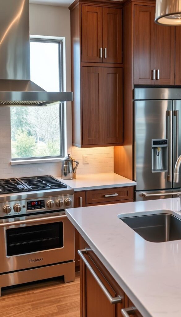 A luxurious kitchen with gleaming stainless steel appliances, including a professional-grade gas range, a sleek built-in refrigerator, and a high-end dishwasher. Elegant, wood-toned cabinetry with polished chrome hardware frames the scene, complemented by a stunning white quartz countertop that reflects the soft, natural lighting from the large windows. The overall atmosphere is one of refined sophistication, with a focus on premium materials and thoughtful design that elevates the space to a true culinary sanctuary. A luxurious kitchen with gleaming stainless steel appliances, including a professional-grade gas range, a sleek built-in refrigerator, and a high-end dishwasher. Elegant, wood-toned cabinetry with polished chrome hardware frames the scene, complemented by a stunning white quartz countertop that reflects the soft, natural lighting from the large windows. The overall atmosphere is one of refined sophistication, with a focus on premium materials and thoughtful design that elevates the space to a true culinary sanctuary.
