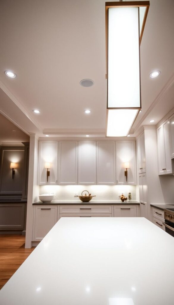 A luxurious, well-lit kitchen showcasing a stunning array of modern lighting fixtures. The foreground features a sleek, minimalist kitchen island with a linear pendant light suspended overhead, casting a warm, ambient glow. The middle ground boasts strategically placed recessed ceiling lights, illuminating the pristine white cabinetry and countertops. In the background, a row of elegant wall sconces lines the perimeter, adding a touch of sophistication and depth to the space. The overall lighting design creates a harmonious balance, accentuating the high-end materials and design elements to evoke a sense of refined opulence. A luxurious, well-lit kitchen showcasing a stunning array of modern lighting fixtures. The foreground features a sleek, minimalist kitchen island with a linear pendant light suspended overhead, casting a warm, ambient glow. The middle ground boasts strategically placed recessed ceiling lights, illuminating the pristine white cabinetry and countertops. In the background, a row of elegant wall sconces lines the perimeter, adding a touch of sophistication and depth to the space. The overall lighting design creates a harmonious balance, accentuating the high-end materials and design elements to evoke a sense of refined opulence.