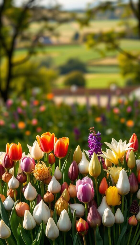 A meticulously arranged display of various bulb types against a softly blurred, natural background. In the foreground, a diverse collection of bulbs in different shapes, sizes, and colors - tulips, daffodils, hyacinths, and lilies - stands out in crisp detail, illuminated by warm, directional lighting that casts subtle shadows. The middle ground features lush, verdant foliage, hinting at the ideal growing conditions for these bulb flowers. The background blends seamlessly into a serene, pastoral landscape, suggesting the perfect setting for cultivating a stunning bulb garden. The overall composition conveys a sense of harmony, showcasing the beauty and variety of these captivating bulb flower types. A meticulously arranged display of various bulb types against a softly blurred, natural background. In the foreground, a diverse collection of bulbs in different shapes, sizes, and colors - tulips, daffodils, hyacinths, and lilies - stands out in crisp detail, illuminated by warm, directional lighting that casts subtle shadows. The middle ground features lush, verdant foliage, hinting at the ideal growing conditions for these bulb flowers. The background blends seamlessly into a serene, pastoral landscape, suggesting the perfect setting for cultivating a stunning bulb garden. The overall composition conveys a sense of harmony, showcasing the beauty and variety of these captivating bulb flower types.