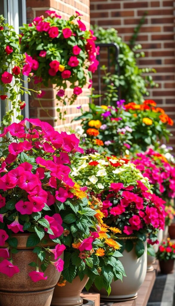 A meticulously composed balcony scene, showcasing an array of vibrant, lush flowers thriving in decorative pots. In the foreground, stunning blooms of cascading petunias, trailing vines, and fragrant geraniums spill over the edges of ceramic planters. The middle ground features a mix of colorful annuals like marigolds, begonias, and impatiens, artfully arranged to create a harmonious display. The background depicts a sun-dappled brick wall, lending a warm, inviting ambiance to the scene. Soft, directional lighting accentuates the rich hues and textures of the flourishing flora, creating an idyllic, welcoming atmosphere perfect for an urban oasis. A meticulously composed balcony scene, showcasing an array of vibrant, lush flowers thriving in decorative pots. In the foreground, stunning blooms of cascading petunias, trailing vines, and fragrant geraniums spill over the edges of ceramic planters. The middle ground features a mix of colorful annuals like marigolds, begonias, and impatiens, artfully arranged to create a harmonious display. The background depicts a sun-dappled brick wall, lending a warm, inviting ambiance to the scene. Soft, directional lighting accentuates the rich hues and textures of the flourishing flora, creating an idyllic, welcoming atmosphere perfect for an urban oasis.