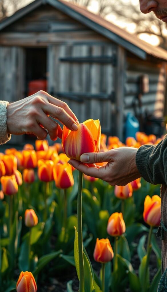 A meticulously crafted scene of tulip pest control, captured in a warm, golden hour glow. In the foreground, a gardener's calloused hands delicately inspect a tulip bloom, searching for signs of infestation. The middle ground reveals a vibrant tulip patch, their petals unfurling under the watchful eye of the gardener. In the background, a shed stands, its weathered wood hinting at the tools and remedies stored within, ready to protect the garden's blooming beauty. The composition emphasizes the care and attention required to maintain a thriving tulip garden, free from the ravages of pests and disease. A meticulously crafted scene of tulip pest control, captured in a warm, golden hour glow. In the foreground, a gardener's calloused hands delicately inspect a tulip bloom, searching for signs of infestation. The middle ground reveals a vibrant tulip patch, their petals unfurling under the watchful eye of the gardener. In the background, a shed stands, its weathered wood hinting at the tools and remedies stored within, ready to protect the garden's blooming beauty. The composition emphasizes the care and attention required to maintain a thriving tulip garden, free from the ravages of pests and disease.