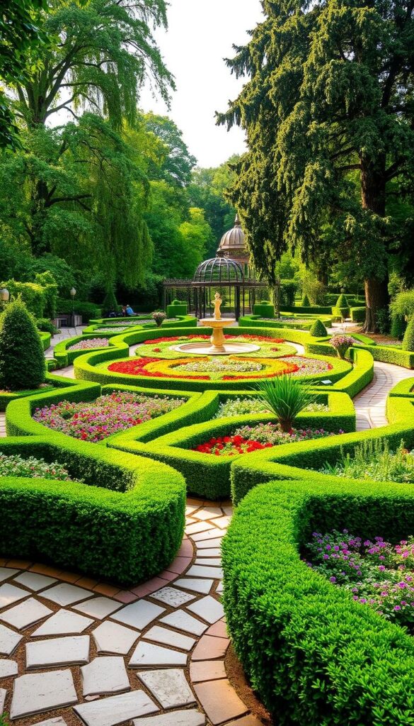 A meticulously manicured English garden, brimming with lush greenery and meandering pathways. In the foreground, a series of neatly trimmed hedges frame the winding stone walkways, inviting visitors to explore. The middle ground showcases a tapestry of vibrant flower beds, their colors harmoniously blending together. Towering trees provide a verdant backdrop, casting a warm, soft light across the serene scene. Ornamental structures, such as a wrought-iron gazebo or a quaint stone fountain, accent the tranquil atmosphere. The overall composition conveys a sense of order and balance, creating a harmonious and enchanting outdoor oasis. A meticulously manicured English garden, brimming with lush greenery and meandering pathways. In the foreground, a series of neatly trimmed hedges frame the winding stone walkways, inviting visitors to explore. The middle ground showcases a tapestry of vibrant flower beds, their colors harmoniously blending together. Towering trees provide a verdant backdrop, casting a warm, soft light across the serene scene. Ornamental structures, such as a wrought-iron gazebo or a quaint stone fountain, accent the tranquil atmosphere. The overall composition conveys a sense of order and balance, creating a harmonious and enchanting outdoor oasis.