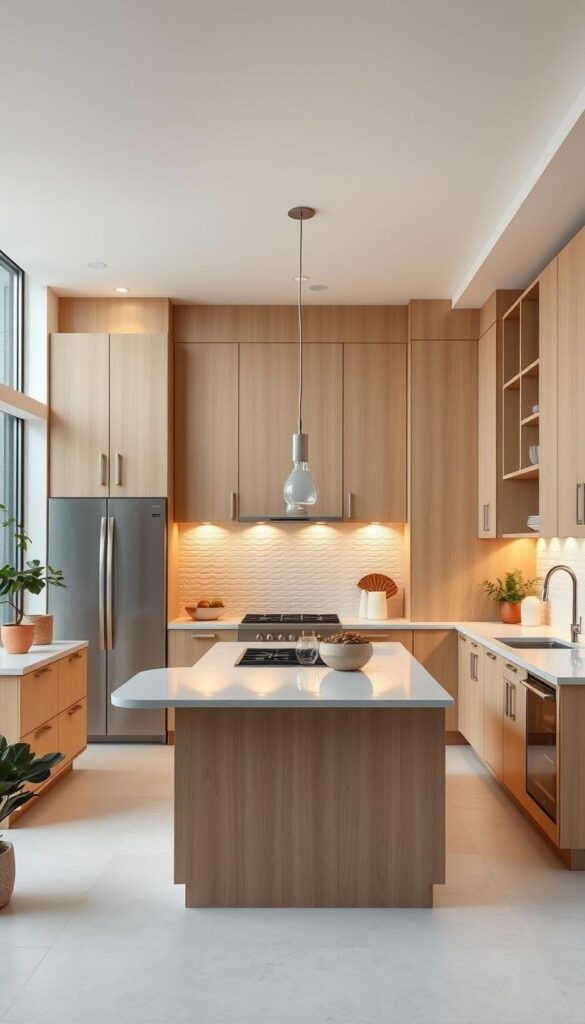 A minimalist contemporary kitchen with beige cabinetry, natural wood accents, and sleek stainless steel appliances. Warm indirect lighting casts a soft glow, illuminating the clean lines and neutral color palette. The backsplash features a subtle textured tile, complementing the quartz countertops. In the foreground, a central island provides ample workspace and seating, with pendant lights suspended overhead. Large windows allow natural light to flood the space, creating an airy, serene atmosphere. Potted plants and simple decor elements add organic touches, enhancing the effortless elegance of this beige kitchen design. A minimalist contemporary kitchen with beige cabinetry, natural wood accents, and sleek stainless steel appliances. Warm indirect lighting casts a soft glow, illuminating the clean lines and neutral color palette. The backsplash features a subtle textured tile, complementing the quartz countertops. In the foreground, a central island provides ample workspace and seating, with pendant lights suspended overhead. Large windows allow natural light to flood the space, creating an airy, serene atmosphere. Potted plants and simple decor elements add organic touches, enhancing the effortless elegance of this beige kitchen design.