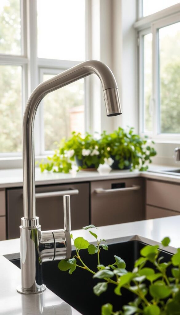 A minimalist, modern kitchen showcasing water conservation features. In the foreground, a sleek faucet with a low-flow aerator. The middle ground features a water-efficient dishwasher and a sink with a deep basin and a matte black finish. In the background, a lush, verdant indoor herb garden thrives, its leafy tendrils cascading over the countertop. Natural light filters in through large windows, illuminating the space with a soft, warm glow. The overall atmosphere is one of calm, understated elegance, reflecting a commitment to sustainable living. A minimalist, modern kitchen showcasing water conservation features. In the foreground, a sleek faucet with a low-flow aerator. The middle ground features a water-efficient dishwasher and a sink with a deep basin and a matte black finish. In the background, a lush, verdant indoor herb garden thrives, its leafy tendrils cascading over the countertop. Natural light filters in through large windows, illuminating the space with a soft, warm glow. The overall atmosphere is one of calm, understated elegance, reflecting a commitment to sustainable living.