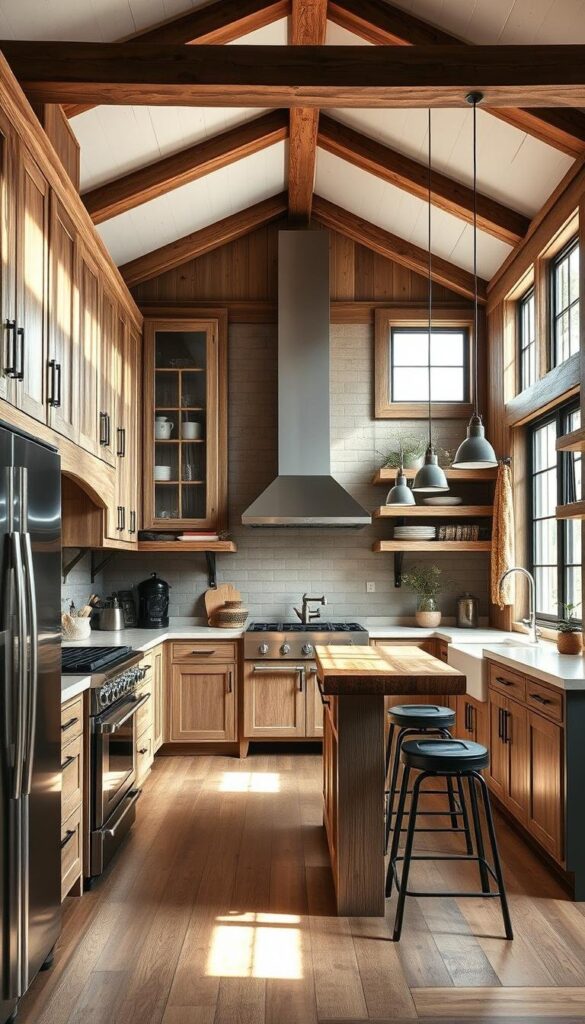 A modern farmhouse kitchen with a rustic charm. Sleek, stainless-steel appliances seamlessly integrated with warm, wooden cabinetry and exposed beams. Soft, natural lighting filters through large windows, casting a cozy glow on the weathered, distressed accents. A vintage-inspired range hood and a farmhouse-style sink add character, while a central island with a butcher block countertop serves as the heart of the space. Subtle industrial touches, such as pendant lights and metal stools, create a harmonious blend of contemporary and traditional elements. The overall atmosphere is one of timeless elegance and functionality, reflecting the perfect balance of modern and rustic design. A modern farmhouse kitchen with a rustic charm. Sleek, stainless-steel appliances seamlessly integrated with warm, wooden cabinetry and exposed beams. Soft, natural lighting filters through large windows, casting a cozy glow on the weathered, distressed accents. A vintage-inspired range hood and a farmhouse-style sink add character, while a central island with a butcher block countertop serves as the heart of the space. Subtle industrial touches, such as pendant lights and metal stools, create a harmonious blend of contemporary and traditional elements. The overall atmosphere is one of timeless elegance and functionality, reflecting the perfect balance of modern and rustic design.