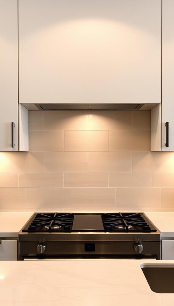 A modern kitchen backsplash with a sleek, minimalist design. The backsplash is made of large, rectangular beige tiles with subtle variations in tone, creating a sophisticated and cohesive look. The tiles are arranged in a simple, linear pattern that extends from the countertop to the cabinets, framing the cooking area. Warm, directional lighting casts a soft glow, highlighting the texture and warmth of the tiles. The backsplash is complemented by clean-lined, light-colored cabinetry and sleek, stainless-steel appliances, creating a harmonious and visually appealing kitchen space. A modern kitchen backsplash with a sleek, minimalist design. The backsplash is made of large, rectangular beige tiles with subtle variations in tone, creating a sophisticated and cohesive look. The tiles are arranged in a simple, linear pattern that extends from the countertop to the cabinets, framing the cooking area. Warm, directional lighting casts a soft glow, highlighting the texture and warmth of the tiles. The backsplash is complemented by clean-lined, light-colored cabinetry and sleek, stainless-steel appliances, creating a harmonious and visually appealing kitchen space.