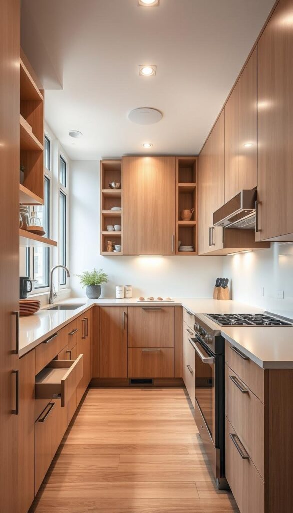 A modern kitchen space filled with sleek, minimalist cabinetry and countertops in warm, natural tones. Strategically placed shelves, pull-out drawers, and hidden storage solutions maximize the available space, creating a clutter-free, efficient layout. Bright, diffused lighting from large windows and subtle recessed fixtures accentuates the clean lines and modern aesthetic. Stainless steel appliances and a seamless backsplash contribute to the overall cohesive, streamlined design. The kitchen exudes a sense of calm and functionality, perfectly suited for a smaller urban space. A modern kitchen space filled with sleek, minimalist cabinetry and countertops in warm, natural tones. Strategically placed shelves, pull-out drawers, and hidden storage solutions maximize the available space, creating a clutter-free, efficient layout. Bright, diffused lighting from large windows and subtle recessed fixtures accentuates the clean lines and modern aesthetic. Stainless steel appliances and a seamless backsplash contribute to the overall cohesive, streamlined design. The kitchen exudes a sense of calm and functionality, perfectly suited for a smaller urban space.