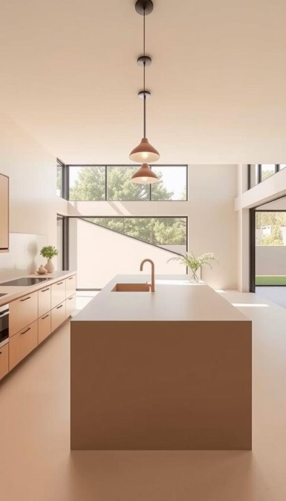 A modern, minimalist kitchen bathed in warm, natural beige tones. In the foreground, sleek, handleless cabinets with a matte finish line the walls, complemented by a seamless beige countertop that flows effortlessly. Centered is a large, minimalist island with a clean, uncluttered design. Overhead, a pair of subtle pendant lights cast a soft, ambient glow, illuminating the space. In the background, large windows allow natural light to flood the room, creating a bright, airy atmosphere. The overall mood is one of understated elegance and refined simplicity, reflecting the beauty of the beige palette. A modern, minimalist kitchen bathed in warm, natural beige tones. In the foreground, sleek, handleless cabinets with a matte finish line the walls, complemented by a seamless beige countertop that flows effortlessly. Centered is a large, minimalist island with a clean, uncluttered design. Overhead, a pair of subtle pendant lights cast a soft, ambient glow, illuminating the space. In the background, large windows allow natural light to flood the room, creating a bright, airy atmosphere. The overall mood is one of understated elegance and refined simplicity, reflecting the beauty of the beige palette.