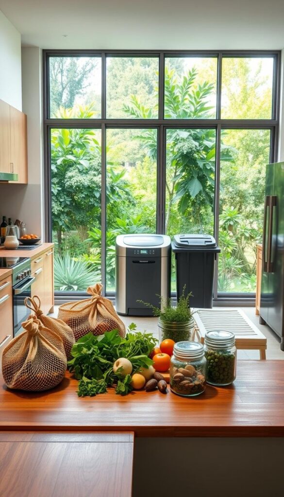A modern, minimalist kitchen with natural wooden surfaces, stainless steel appliances, and ample natural lighting. In the foreground, an array of eco-friendly kitchen tools and containers - reusable mesh bags, glass jars, and compost bins. Centered on the countertop, a selection of fresh produce and herbs, representing sustainable food storage and waste reduction. The middle ground showcases a sleek, energy-efficient composter, accompanied by a stack of recycling bins. The background features large windows overlooking a lush, verdant garden, creating a seamless connection between the kitchen and the natural world. The overall atmosphere is one of clean, organized efficiency, with a focus on sustainable living. A modern, minimalist kitchen with natural wooden surfaces, stainless steel appliances, and ample natural lighting. In the foreground, an array of eco-friendly kitchen tools and containers - reusable mesh bags, glass jars, and compost bins. Centered on the countertop, a selection of fresh produce and herbs, representing sustainable food storage and waste reduction. The middle ground showcases a sleek, energy-efficient composter, accompanied by a stack of recycling bins. The background features large windows overlooking a lush, verdant garden, creating a seamless connection between the kitchen and the natural world. The overall atmosphere is one of clean, organized efficiency, with a focus on sustainable living.