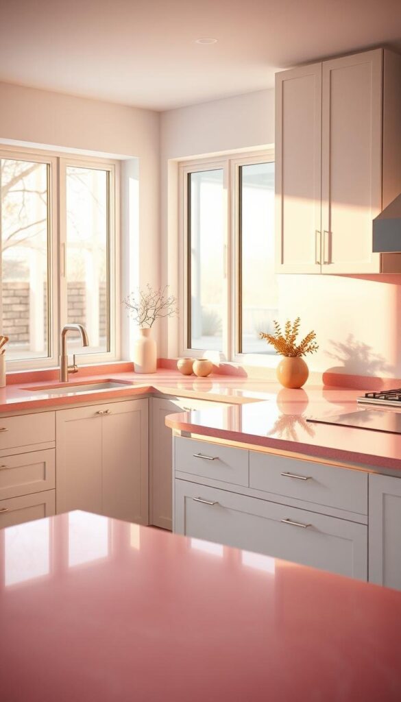 A modern, minimalist kitchen with sleek, lustrous pink quartz countertops that reflect the soft light from large windows. The countertops are the focal point, complemented by simple white cabinets and backsplash, allowing the vibrant color to shine. The scene is bathed in warm, diffused lighting, creating a cozy, inviting ambiance. The camera captures the countertops at a slight angle, emphasizing their smooth, seamless surface and elegant curves. The overall effect is a harmonious blend of contemporary design and feminine, pastel tones, resulting in a visually stunning and inspiring kitchen space. A modern, minimalist kitchen with sleek, lustrous pink quartz countertops that reflect the soft light from large windows. The countertops are the focal point, complemented by simple white cabinets and backsplash, allowing the vibrant color to shine. The scene is bathed in warm, diffused lighting, creating a cozy, inviting ambiance. The camera captures the countertops at a slight angle, emphasizing their smooth, seamless surface and elegant curves. The overall effect is a harmonious blend of contemporary design and feminine, pastel tones, resulting in a visually stunning and inspiring kitchen space.