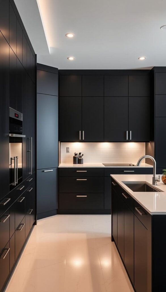 A modern, well-designed kitchen with sleek, matte black cabinets that stretch from the floor to the ceiling, creating a bold, sophisticated look. The cabinets feature clean lines and minimalist hardware, complemented by a white quartz countertop that provides a striking contrast. Subtle, indirect lighting casts a warm glow, accentuating the depth and richness of the black cabinetry. The overall aesthetic is a harmonious blend of contemporary style and timeless elegance, making this kitchen design a stunning focal point for the home. A modern, well-designed kitchen with sleek, matte black cabinets that stretch from the floor to the ceiling, creating a bold, sophisticated look. The cabinets feature clean lines and minimalist hardware, complemented by a white quartz countertop that provides a striking contrast. Subtle, indirect lighting casts a warm glow, accentuating the depth and richness of the black cabinetry. The overall aesthetic is a harmonious blend of contemporary style and timeless elegance, making this kitchen design a stunning focal point for the home.