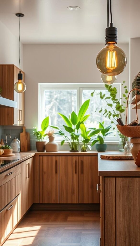A modern, well-lit kitchen showcasing an array of eco-friendly materials. In the foreground, sleek, wooden cabinets with clean lines and a natural finish. Atop the countertops, a variety of sustainable materials such as bamboo, reclaimed wood, and recycled glass. Pendant lights with energy-efficient LED bulbs cast a warm glow, illuminating the space. In the middle ground, a large window allows natural light to flood the room, highlighting the earthy tones and textures of the eco-friendly furnishings. The background features lush, green plants, adding a touch of nature and complementing the overall environmentally conscious aesthetic. A modern, well-lit kitchen showcasing an array of eco-friendly materials. In the foreground, sleek, wooden cabinets with clean lines and a natural finish. Atop the countertops, a variety of sustainable materials such as bamboo, reclaimed wood, and recycled glass. Pendant lights with energy-efficient LED bulbs cast a warm glow, illuminating the space. In the middle ground, a large window allows natural light to flood the room, highlighting the earthy tones and textures of the eco-friendly furnishings. The background features lush, green plants, adding a touch of nature and complementing the overall environmentally conscious aesthetic.